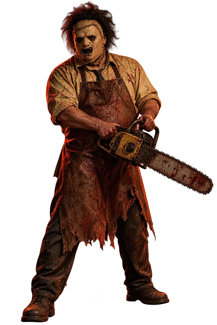 Figura cinematografica ispirata a Leatherface con maschera da macellaio e motosega